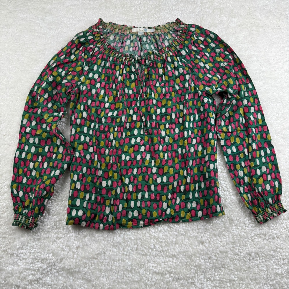 Boden Smocked Neck Peasant Blouse Womens US 6 Green Pink‎ Abstract Dot Boho